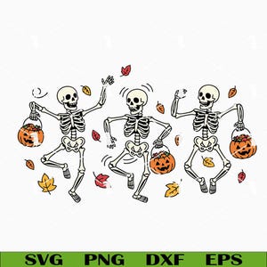 May include: A black and white illustration of three dancing skeletons holding jack-o'-lantern buckets. The skeletons are surrounded by falling autumn leaves in orange, red, and yellow. The image has the text "SVG PNG DXF EPS" at the bottom.