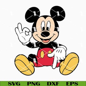 May include: A cartoon illustration of Mickey Mouse in a seated position, with a black body, red shorts, and yellow shoes. Mickey Mouse is giving the "OK" hand gesture with his white gloved hand. The image includes the text "SVG PNG DXF EPS".