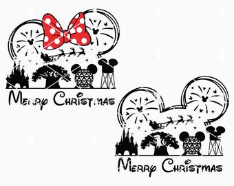 May include: Two black and white Christmas-themed designs. One features a red polka-dot bow, fireworks, and the text "Merry Christmas." The other design has similar elements without the bow. Both include silhouettes of a castle, tree, and other shapes.