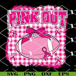 Op de afbeelding: Een grafisch ontwerp met de tekst PINK OUT in dikke roze letters op een roze en witte gingham achtergrond. Een roze football staat centraal met een grote roze strik erbovenop en kleine roze bewustzijnslintjes verspreid over het ontwerp.