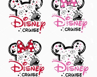 May include: Four Disney Cruise themed designs featuring Mickey Mouse ears, bows, and the text "Disney Cruise". The designs include red, pink, and black elements, with stars and fireworks. The bottom of the image includes the text "SVG PNG DXF EPS".