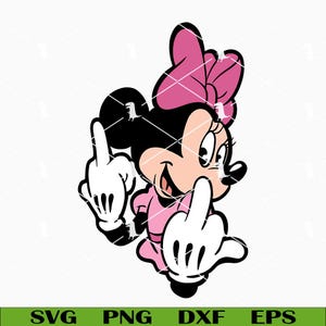 Pode incluir: Ilustração de desenho animado de um personagem de rato em um vestido e laço rosa, mostrando o dedo do meio com as duas mãos. A imagem tem um fundo branco e as palavras "SVG PNG DXF EPS" em uma barra verde na parte inferior.