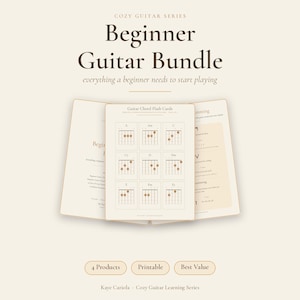 May include: A digital beginner guitar bundle featuring printable guitar chord flash cards with diagrams for A, Am, C, G, D, Dm, E, Em, and E7 chords. The set includes instructional pages for strumming and learning, labeled as the Cozy Guitar Series by Kaye Cariola.