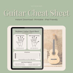 May include: A digital guitar cheat sheet with the text "Guitar Cheat Sheet" and "Beginner Guitar Cheat Sheet". The image includes diagrams of hand positions for fretting and strumming, string names, and quick tips for beginners. A wooden acoustic guitar is also shown.