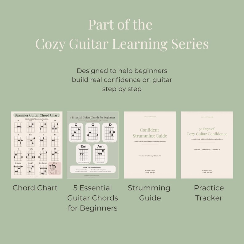Puede incluir: Un conjunto de materiales para aprender a tocar la guitarra, que incluye un gr&aacute;fico de acordes, una gu&iacute;a de acordes esenciales, una gu&iacute;a de rasgueo y un rastreador de pr&aacute;ctica. El texto dice "Cozy Guitar Learning Series".