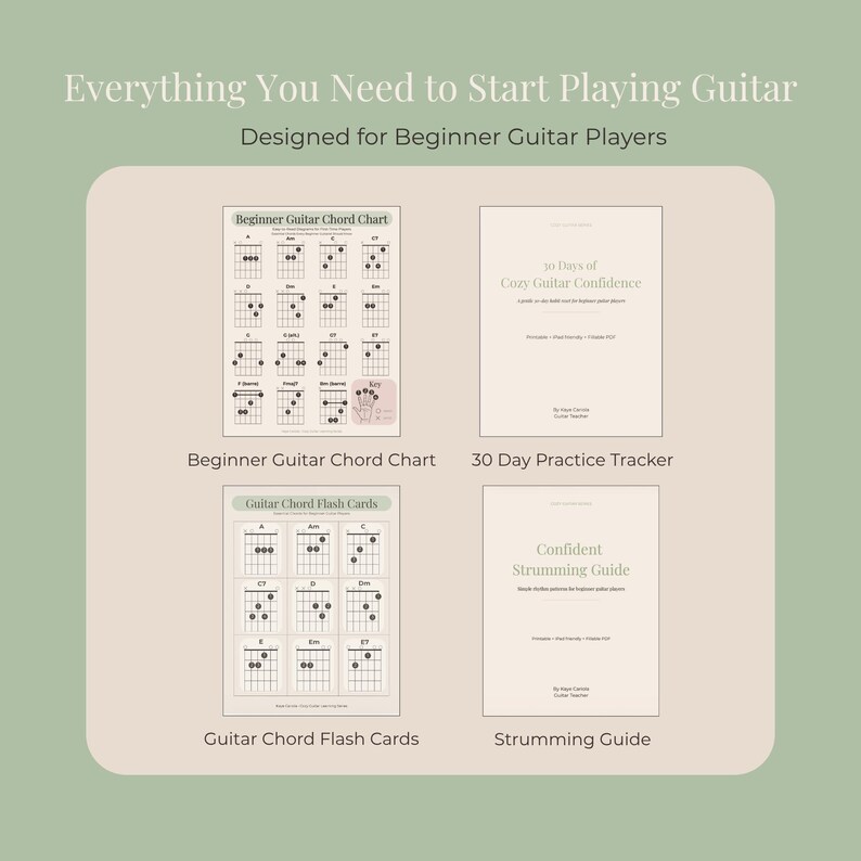 Może przedstawiać: Zestaw materiał&oacute;w do nauki gry na gitarze dla początkujących. Obraz zawiera wykres akord&oacute;w gitarowych dla początkujących, fiszki, 30-dniowy tracker ćwiczeń i przewodnik po grze. Tekst brzmi "Everything You Need to Start Playing Guitar" i "Designed for Beginner Guitar Players."