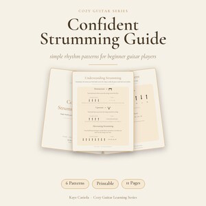 May include: A digital guide titled Confident Strumming Guide from the Cozy Guitar Series. The document features simple rhythm patterns for beginner guitar players, including sections on downstrokes, upstrokes, and alternating strumming techniques.