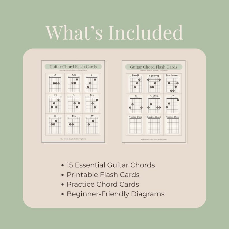Puede incluir: Dos tarjetas did&aacute;cticas de acordes de guitarra con diagramas de varios acordes, incluidos A, C, Dm y E7. El texto "What's Included" est&aacute; en la parte superior, con vi&ntilde;etas que enumeran 15 acordes de guitarra esenciales, tarjetas did&aacute;cticas imprimibles, tarjetas de acordes de pr&aacute;ctica y diagramas para principiantes.