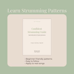 Może przedstawiać: Beżowa grafika z tekstem "Learn Strumming Patterns" na g&oacute;rze. Obrazek przedstawia książkę zatytułowaną "Confident Strumming Guide" z tekstem "Simple rhythm patterns for beginner guitar players." Dodatkowy tekst to "Beginner-friendly patterns, Easy to follow, Apply to real songs."