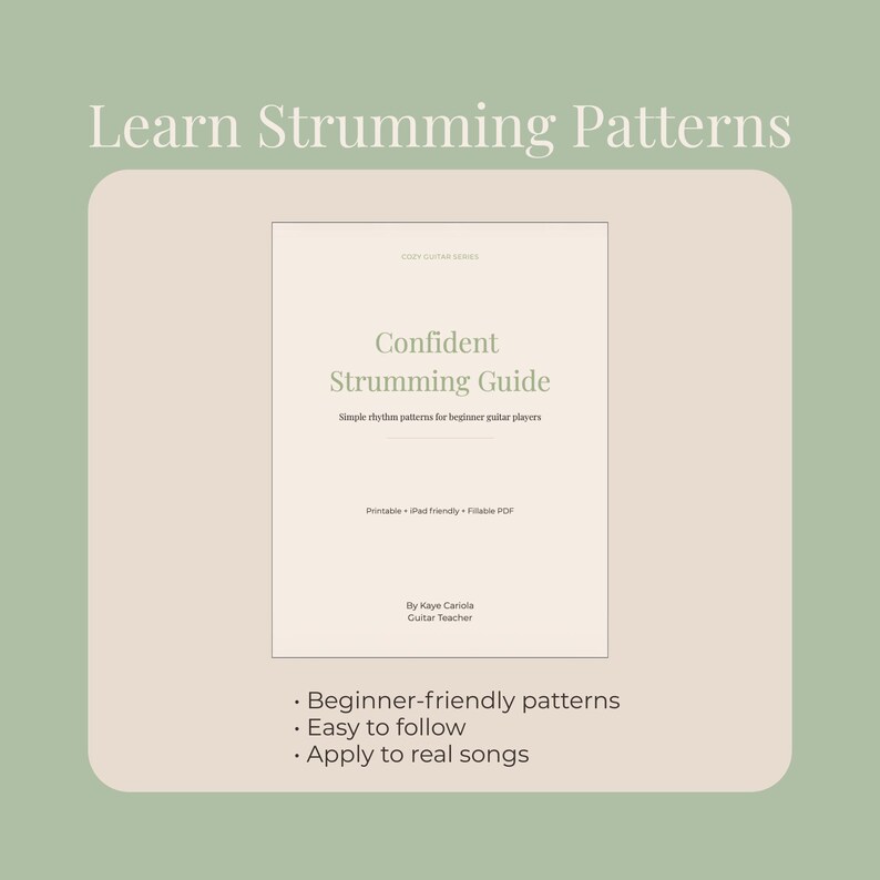 Może przedstawiać: Beżowa grafika z tekstem "Learn Strumming Patterns" na g&oacute;rze. Obrazek przedstawia książkę zatytułowaną "Confident Strumming Guide" z tekstem "Simple rhythm patterns for beginner guitar players." Dodatkowy tekst to "Beginner-friendly patterns, Easy to follow, Apply to real songs."