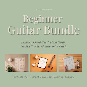 Może przedstawiać: Jasnozielona grafika z tekstem "Beginner Guitar Bundle" i "Cozy Guitar Series". Zawiera wykres akord&oacute;w, fiszki, narzędzie do śledzenia ćwiczeń i przewodnik po uderzeniach. Zawiera obrazy wykresu akord&oacute;w, gitary i fiszek.