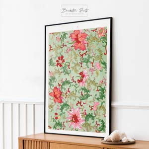 Wall Art - Pink Green Floral Pattern Vintage Print, Chinoiserie Decor, Asian Inspired Home Gift, Stylish Oriental Wall Art