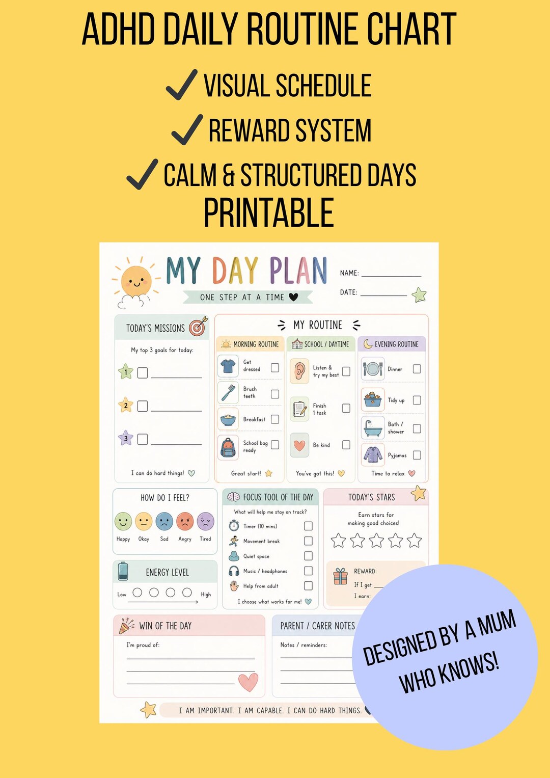 ADHD Routine Chart for Kids | Calm Daily Schedule & Reward System ...