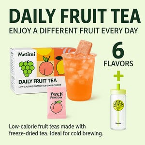 Op de afbeelding: Afbeelding van "DAILY FRUIT TEA" met de slogan "ENJOY A DIFFERENT FRUIT EVERY DAY". Het toont een theedoos, een drankje en een zakje met het opschrift "Vencti PINK DAY". De afbeelding toont ook "6 FLAVORS" en een fles.