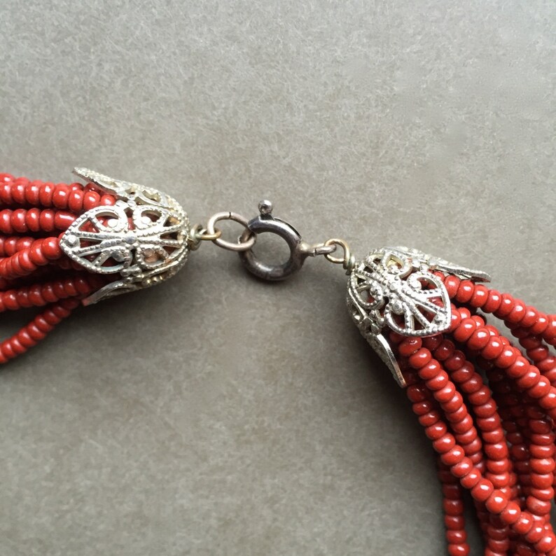 Vintage Cinnabar Multi Strand Beads with Oriental Silver Medallion image 3