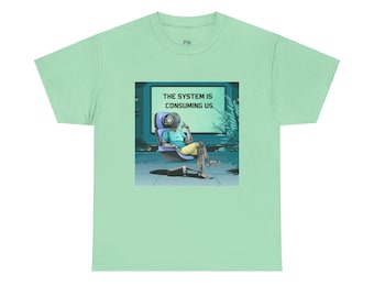 Könnte beinhalten: Ein hellgrünes T-Shirt mit einem Grafikdruck eines Roboters, der auf einem Stuhl vor einem Fernsehbildschirm sitzt. Der Text auf dem Bildschirm lautet "THE SYSTEM IS CONSUMING US."