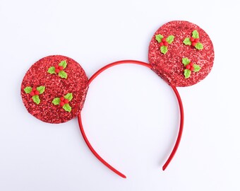 peppermint mouse ears headband. minnie christmas ears. glitter mickey ears.