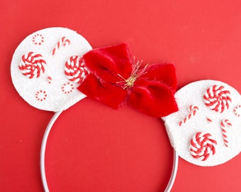 peppermint mouse ears headband. minnie christmas ears. glitter mickey ears.