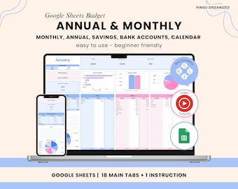 Jährliche Budgettabelle, monatliche Google-Arbeitsblätter, Budgetvorlage, Ausgaben- und Ersparnis-Tracker, digitaler Download-Kalenderplaner