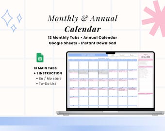 Google Sheets Calendar 2026: Monthly Planner Spreadsheet, Yearly Calendar, Daily To-Do List, Digital Download