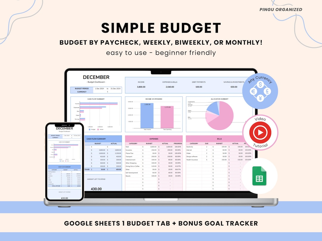 Simple Monthly Budget Google Sheets Budgeting Template Weekly Biweekly ...
