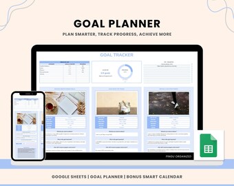 Puede incluir: Una plantilla de planificador de objetivos digital en Google Sheets. La plantilla incluye un rastreador de objetivos, una sección para establecer objetivos y una sección para realizar un seguimiento del progreso. La plantilla está diseñada para ayudar a los usuarios a planificar de manera más inteligente, realizar un seguimiento del progreso y lograr más.