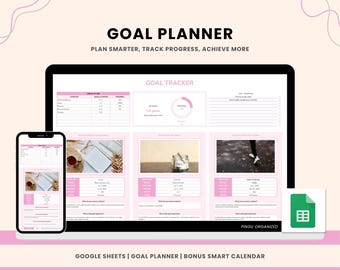 May include: A computer screen displaying a Google Sheets spreadsheet with a goal planner template. The template includes sections for goal tracking, progress updates, and reflections. The spreadsheet is titled "Goal Planner" and includes the text "Plan Smarter, Track Progress, Achieve More".
