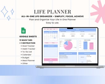 Life Planner Google Sheets: ADHD-Friendly, Monthly Budget Spreadsheet, Weekly Meal Plan, Habit Tracker, Productivity