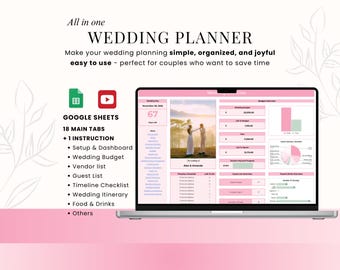 Google Spreadsheets bruiloftplanner: budget, tijdlijn, checklist, gastenlijst, tabel met stoelen, spreadsheet digitale planner