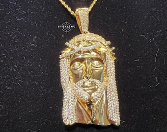 Gold Iced Out Jesus Pendant, Tarnish Resistant 14k Gold Plated CZ,  Gold Steel 22" Rope Chain, Men's Religious Necklace Hip Hop