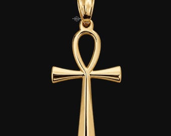 Gold Ankh Pendant, Waterproof 316L Stainless Steel Egyptian Cross Necklace w/Rope Chain