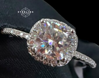 2.8 CTW Round Halo Moissanite Engagement Ring, 925 Sterling Silver, D Color VVS1 (GRA Certified)