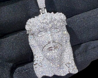 Moissanite Jesus Pendant Iced Out Pass Diamond Testers Solid 925 Sterling Silver Hip Hop Religious Jewelry Gift Men + Steel Rope Chain