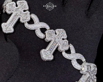 Mens Moissanite Cross Infinity Bracelet 25mm 8.5" Iced Out Solid 925 Sterling Silver Pass Diamond Testers Mens HipHop Cross Bracelet Gift