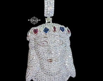 Silver Iced Out Jesus Pendant, Colorful Crown CZ Diamond Jesus Face Necklace, 14K White Gold Plated, w/Free Stainless Steel Rope Chain