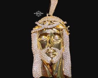 Mens Big Gold Iced Out Jesus Pendant, 14k Gold Plated, AntiTarnish, Free Gold Stainless Steel Rope Chain, Big Gold Jesus Piece Necklace Gift