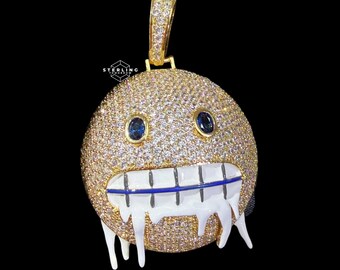 Gold Iced Out Dripping Smile Face Pendant, 14K Gold Plated CZ Diamond Emoji Style Necklace w/Free Stainless Steel Rope Chain