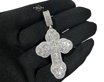 Moissanite Cross Pendant Iced Out Pass Diamond Testers Solid 925 Sterling Silver Hip Hop Religious Bling Necklace Gift + Steel Rope Chain
