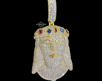 Gold Iced Out Jesus Pendant, Colorful Crown CZ Diamond Jesus Face Necklace, 14K Gold Plated Mens Hip Hop w/Free Stainless Steel Rope Chain