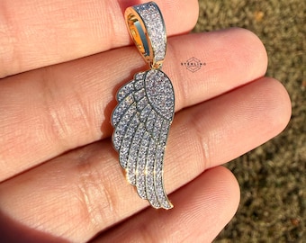 Angel Wing Iced Pendant 14k Gold Plated Religious Memorial Charm Layering Necklace Unisex Jewelry Gift + Free Steel AntiTarnish Rope Chain