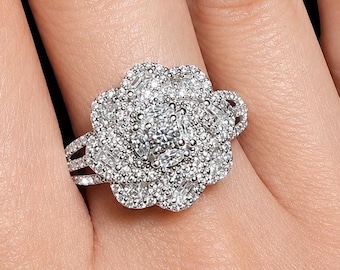 3.6 CTW Moissanite Ladies Flower Ring 925 Sterling Silver Engagement Bridal Statement Cocktail Ring for Her