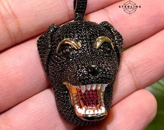 Iced Out Dog Pendant Black CZ Diamond Dog Head Necklace | Hip Hop Animal Jewelry | 14k Gold Plated Black CZ Dog w/Free Rope chain