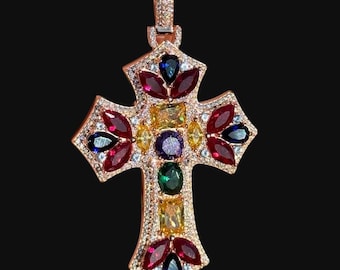 Moissanite Rose Gold Iced Cross Pendant w/CZ Color Gemstone Accents, 925 Sterling Silver, Free Steel Rope Chain Included