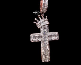 14K White Gold Plated Iced Out Cross Pendant | CZ Baguette Crown Cross Necklace | Hip Hop Faith Jewelry + Free 22" Steel Rope Chain