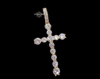 Moissanite Gold Cross Pendant, 925 Sterling Silver, Steel Rope Chain Included