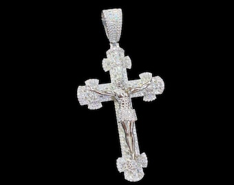 Moissanite Iced Out Jesus Cross Crucifix Pendant, Pass Diamond Testers, 925 Sterling Silver Mens Cross Chain w/Free Rope Chain