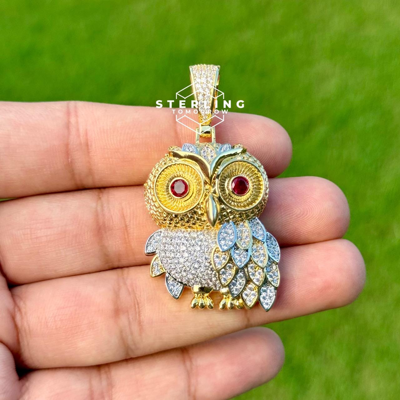 Owl Iced Out Red Gem Eyes Pendant 14K Gold Plated Detailed Owl Charm Necklace Jewelry Gift CZ Neckla