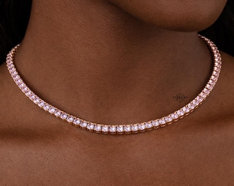Pink Iced Tennis Chain Necklace, 4mm Pink Tennis Chain, Pink CZ Diamonds on 14K Gold Plated, Hip Hop Jewelry, Unisex Pink Jewelry Gift
