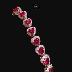 Ruby Heart Bracelet, 14K White Gold Plated CZ Tennis Bracelet, 7mm Iced Out Gift for Her, Red Heart Stone Jewelry Anniversary, Wedding Style