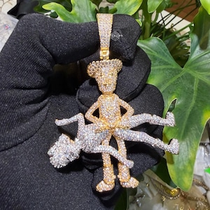 14K Gold Plated Iced Cartoon Character Pendant CZ Diamonds Hip Hop Bling Statement Jewelry Gift + Free Steel Anti-Tarnish Rope Chain